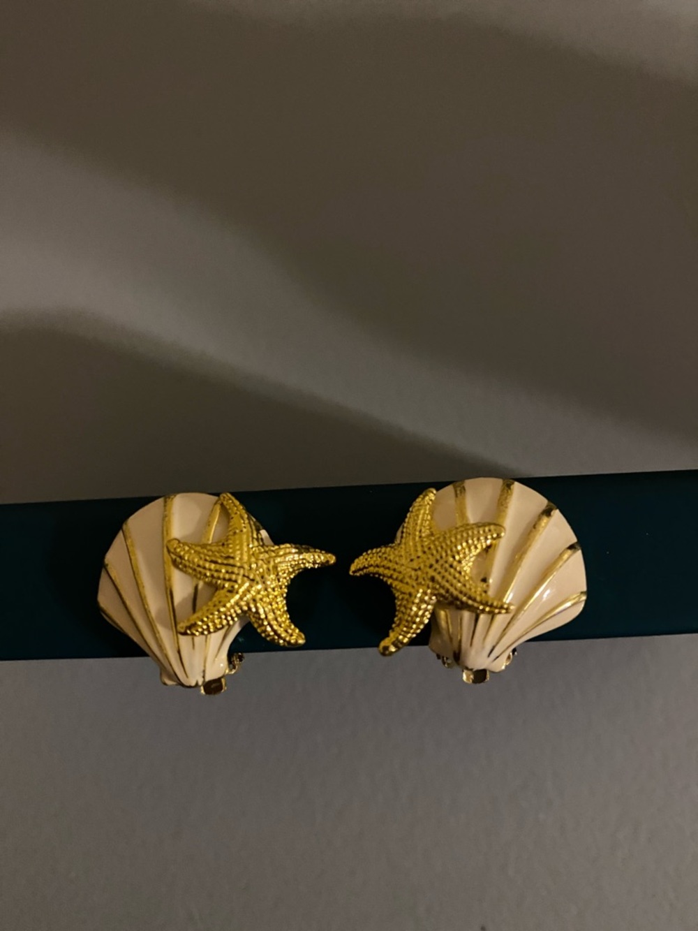 Gold & White Seashell Starfish Clip-On Earrings